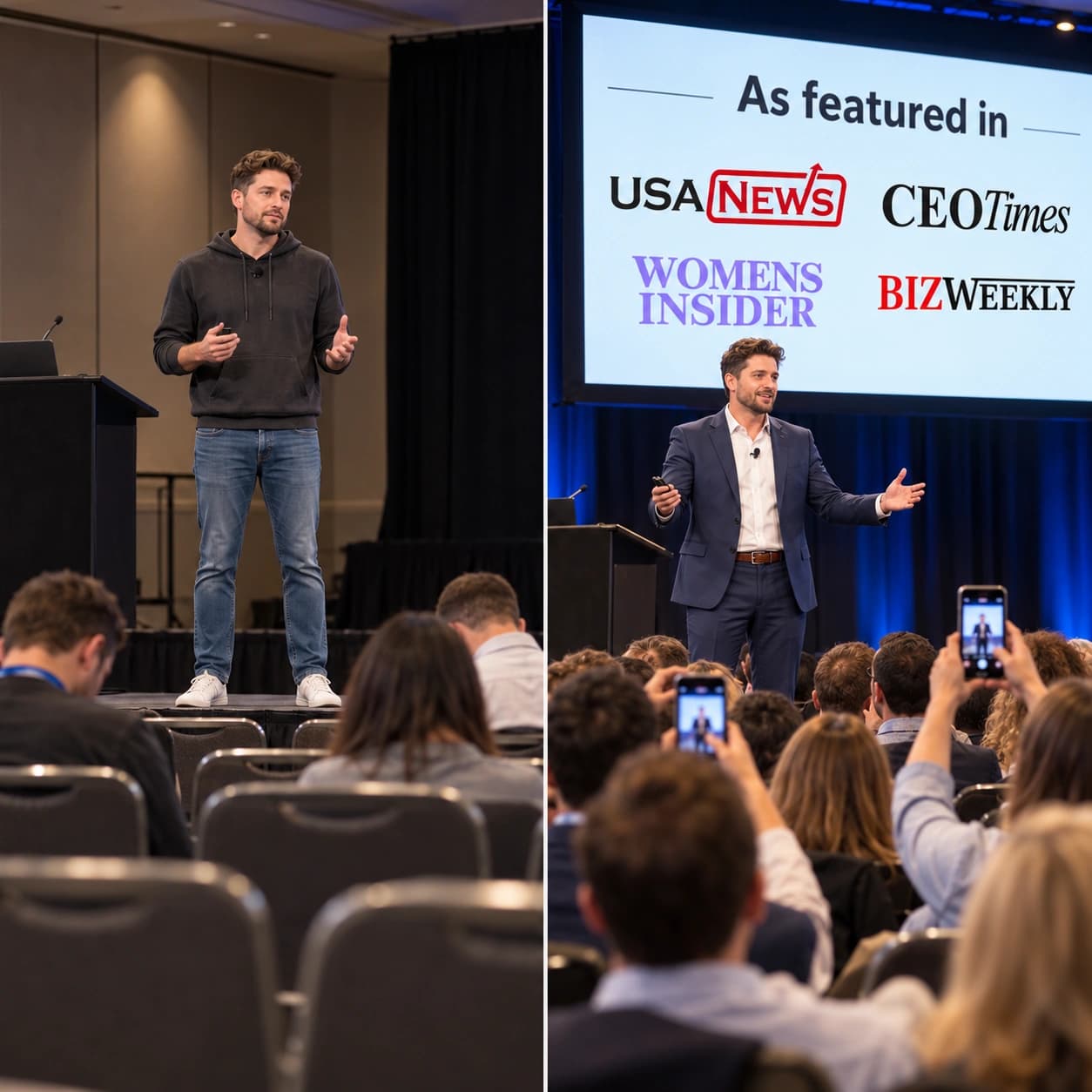 The same business owner on the same conference stage: casually dressed before a distracted audience, then in a tailored suit before an engaged audience.