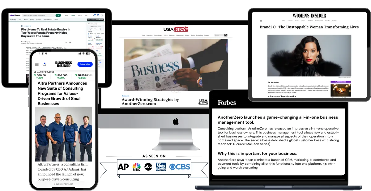 AnotherZero features across USA News, Women's Insider, Forbes, Business Insider — as seen on AP, NBC, ABC, Fox News, and CBS