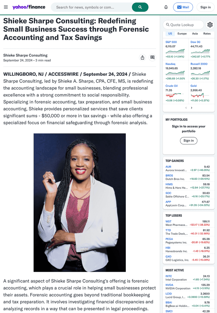 Yahoo Finance: Shieke Sharpe Consulting: Redefining Small Business Success through Forensic Accounting and Tax Savings