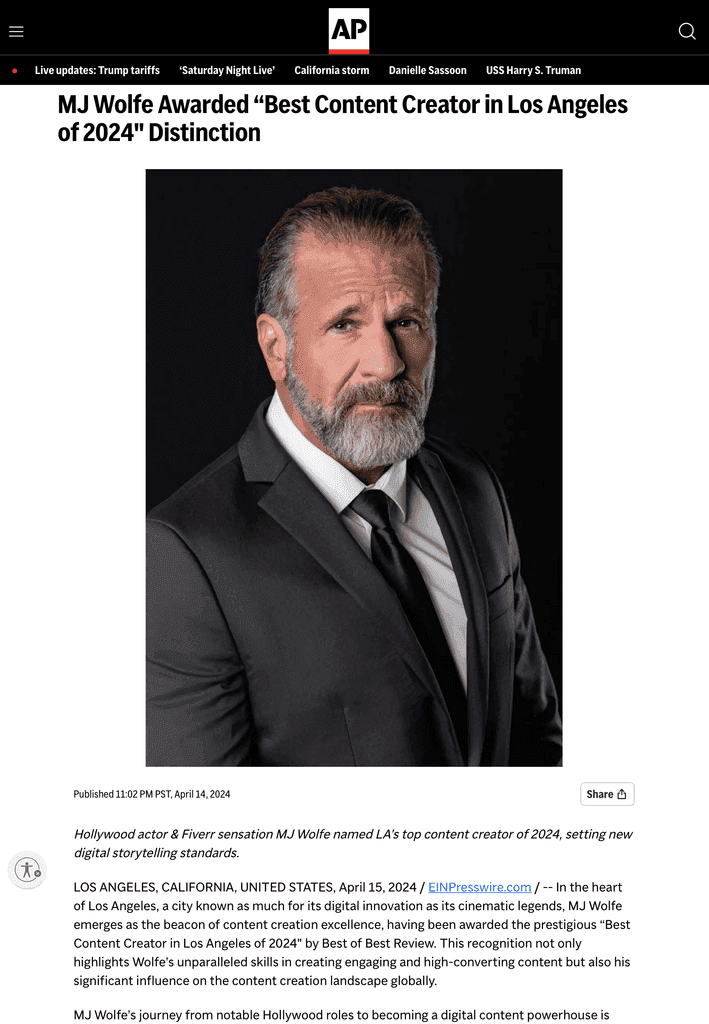 AP: MJ Wolfe Awarded "Best Content Creator in Los Angeles of 2024" Distinction