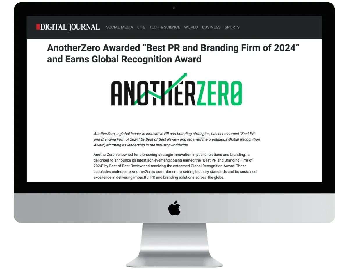 iMac showing the Digital Journal article: AnotherZero Awarded Best PR and Branding Firm of 2024