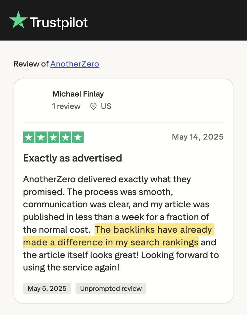 Trustpilot review from Michael Finlay: the backlinks have already made a difference in my search rankings.