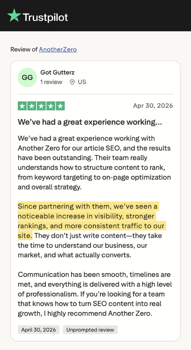 Trustpilot review from Got Gutterz: since partnering with them, a noticeable increase in visibility, stronger rankings, and more consistent traffic to our site.