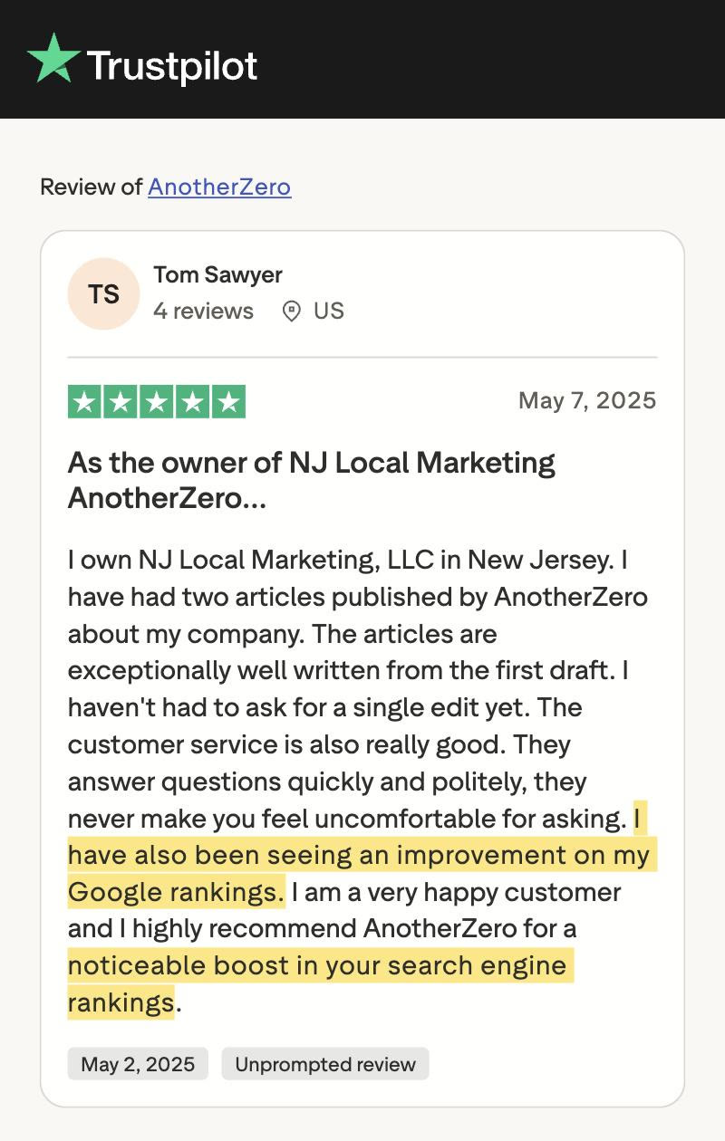 Trustpilot review from Tom Sawyer: I have also been seeing an improvement on my Google rankings, a noticeable boost in search engine rankings.