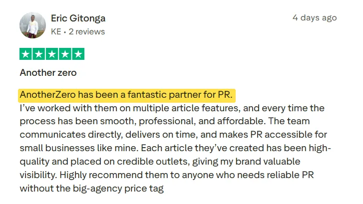 Eric Gitonga's Trustpilot review