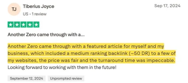 Tiberius Joyce's Trustpilot review