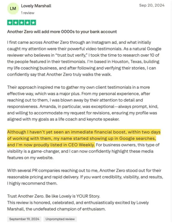 Lovely Marshall's Trustpilot review