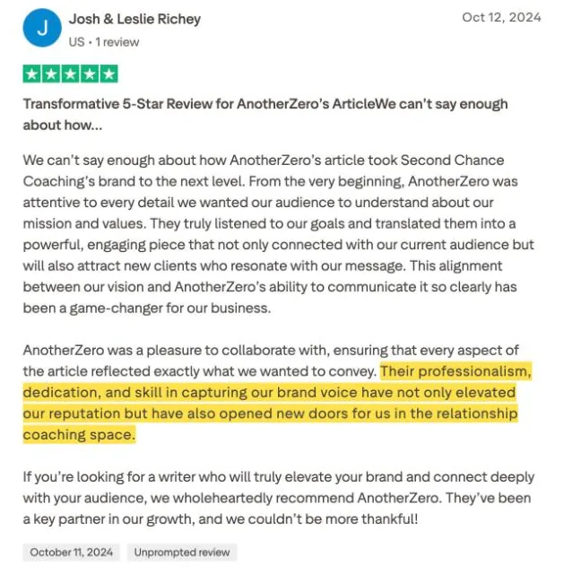 Josh & Leslie Richey's Trustpilot review