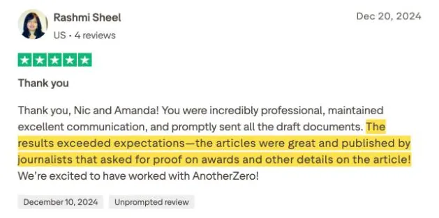 Rashmi Sheel's Trustpilot review