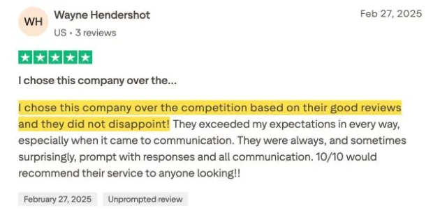 Wayne Hendershot's Trustpilot review