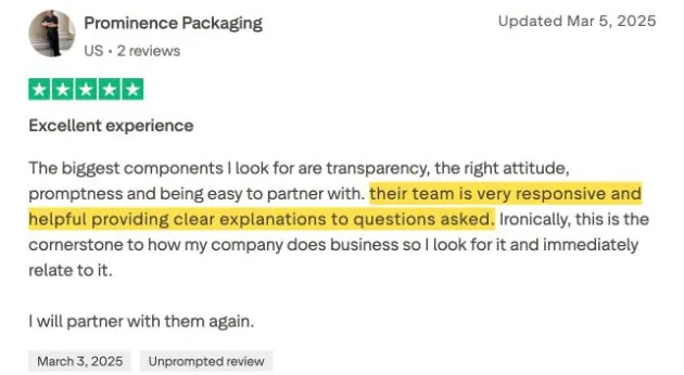 Prominence Packaging's Trustpilot review