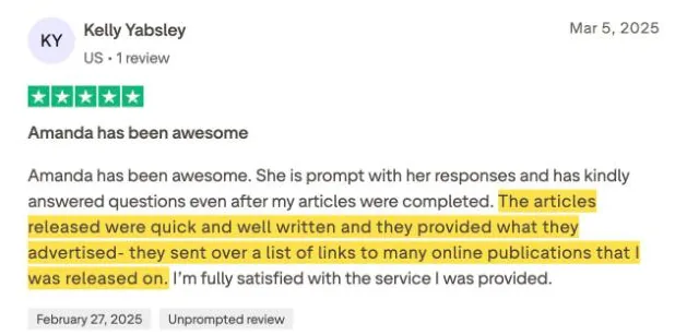 Kelly Yabsley's Trustpilot review