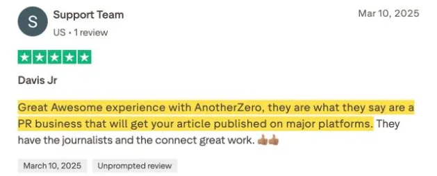 Support Team's Trustpilot review