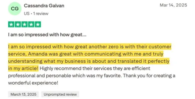 Cassandra Galvan's Trustpilot review