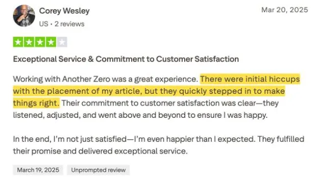 Corey Wesley's Trustpilot review