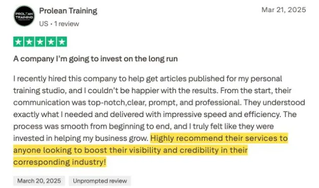 Prolean Training's Trustpilot review