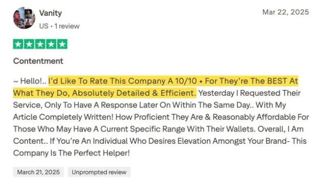 Vanity's Trustpilot review