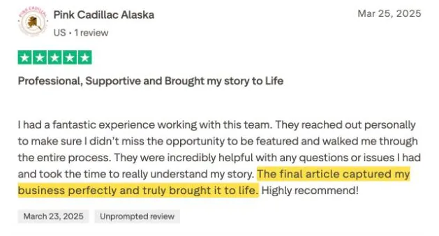 Pink Cadillac Alaska's Trustpilot review