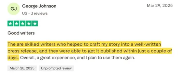 George Johnson's Trustpilot review