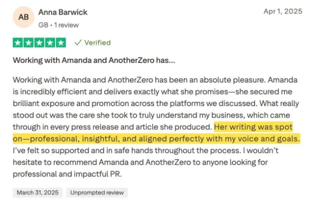 Anna Barwick's Trustpilot review