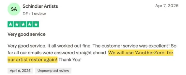 Schindler Artists's Trustpilot review