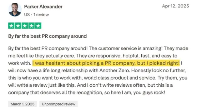 Parker Alexander's Trustpilot review