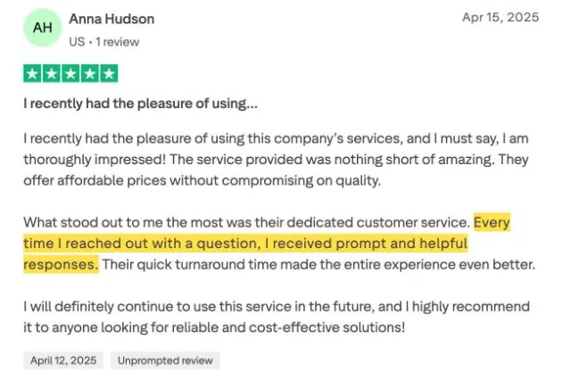 Anna Hudson's Trustpilot review