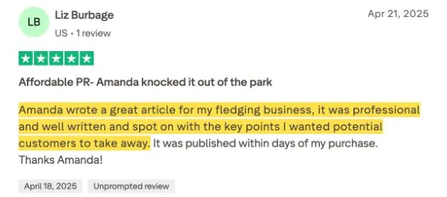Liz Burbage's Trustpilot review