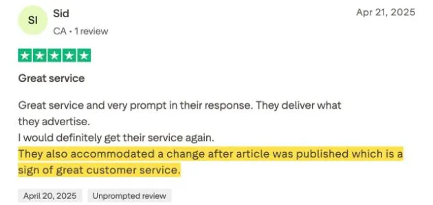 Sid's Trustpilot review