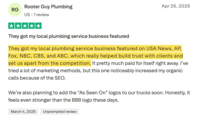 Rooter Guy Plumbing's Trustpilot review