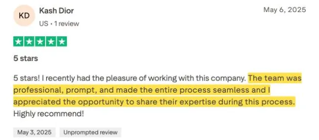 Kash Dior's Trustpilot review