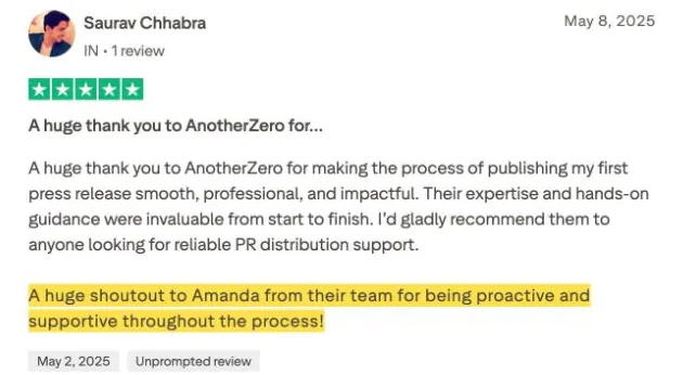 Saurav Chhabra's Trustpilot review