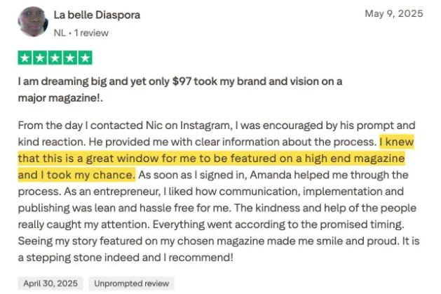 La belle Diaspora's Trustpilot review