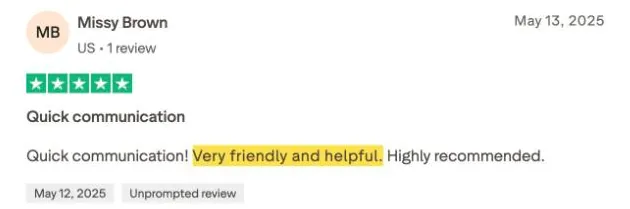 Missy Brown's Trustpilot review