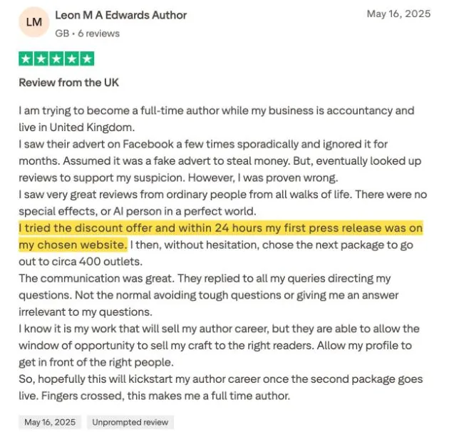 Leon M A Edwards Author's Trustpilot review