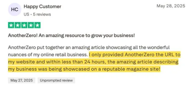 Happy Customer's Trustpilot review