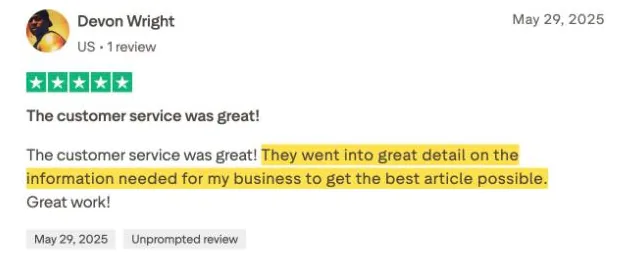 Devon Wright's Trustpilot review
