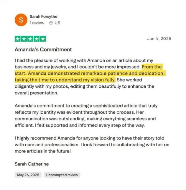 Sarah Forsythe's Trustpilot review