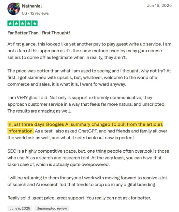 Nathaniel's Trustpilot review
