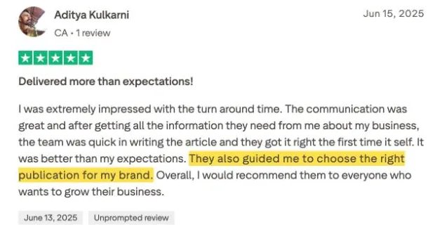 Aditya Kulkarni's Trustpilot review