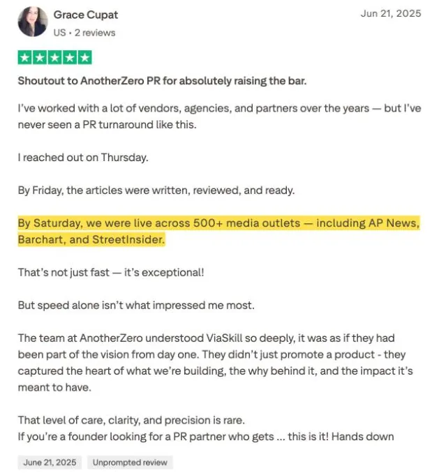 Grace Cupat's Trustpilot review