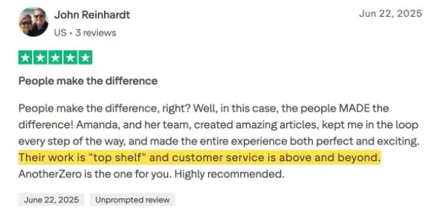 John Reinhardt's Trustpilot review
