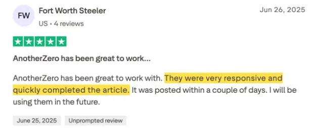Fort Worth Steeler's Trustpilot review