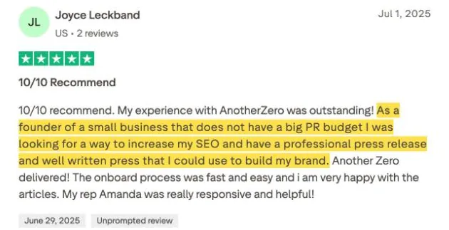 Joyce Leckband's Trustpilot review