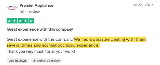 Premier Appliance's Trustpilot review