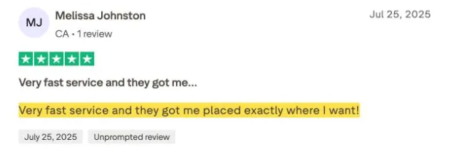 Melissa Johnston's Trustpilot review
