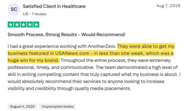 Satisfied Client in Healthcare's Trustpilot review