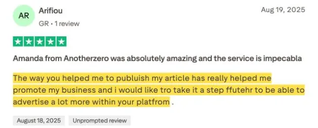 Arifiou's Trustpilot review