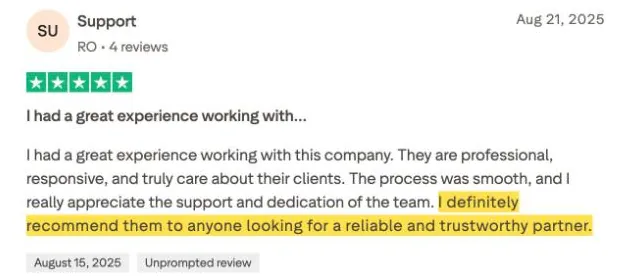 Support's Trustpilot review