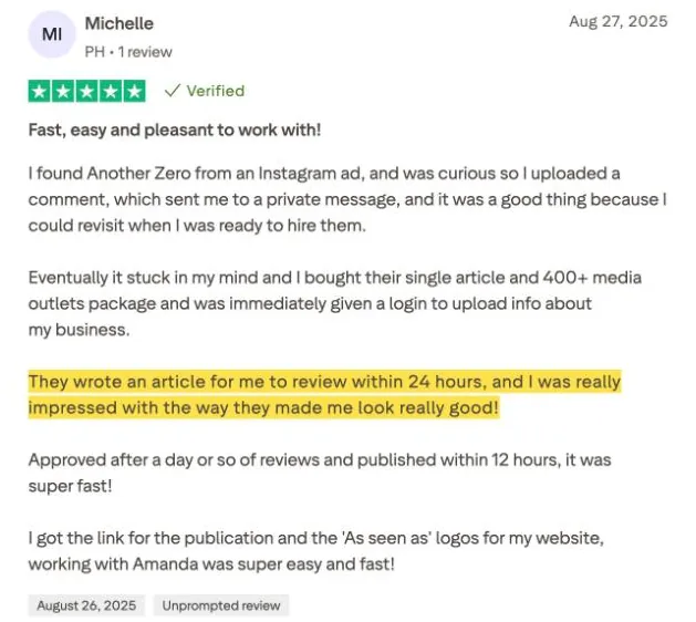 Michelle's Trustpilot review